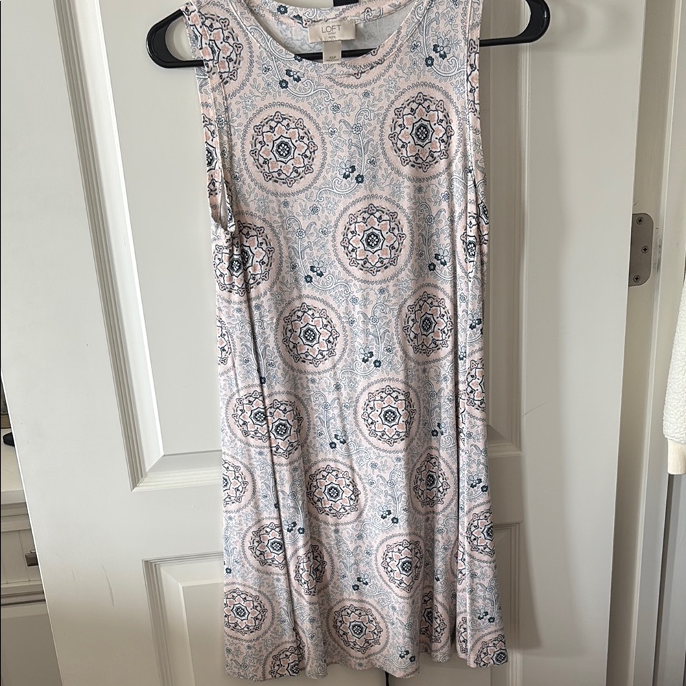LOFT Cream Asymmetrical Sundress Sleeveless Crew Neck